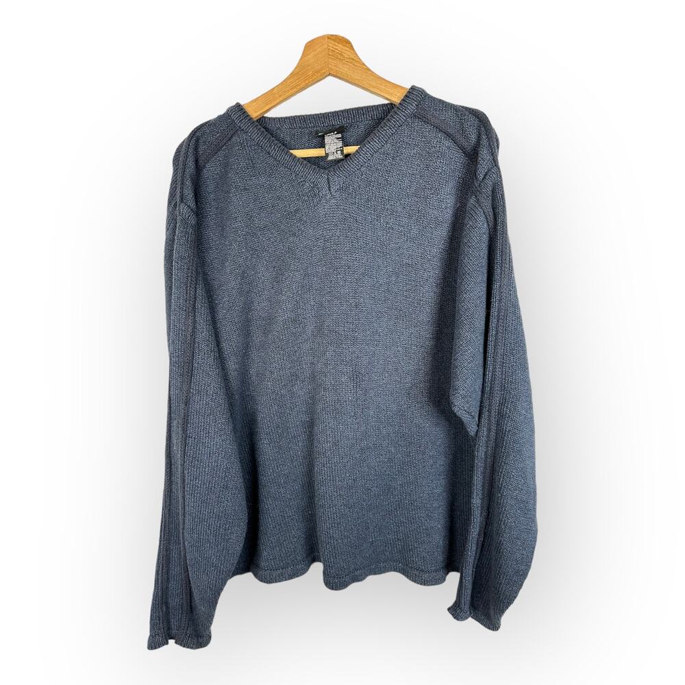 Kavu Mens size Large Cotton Long Sleeve V Neck Knit Sweater Blue